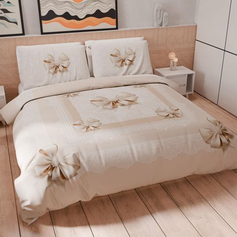 Housse de Couette 2 Places 250x200 cm 2 Taies 50x80 cm Incluses, Parure en Microfibre Imprimée Nœud Beige (1/5)
