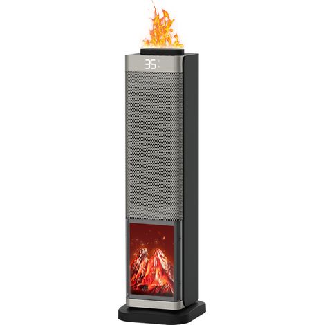 Radiateur tour vertical PTC céramique 2000W avec double effet flammes 3D simulées Chauffage oscillant à écran tactile + télécommande, thermostat intelligent, minuterie ≥8h, silencieux 36-45dB (1/4)