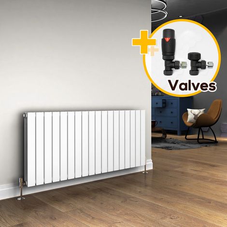 ELEGANT Designer Horizontal Radiator 600 x 1360 mm White Double Flat Panel Bathroom Radiators Modern Panel Heaters + Anthracite Thermostatic Radiator Valves (1/5)