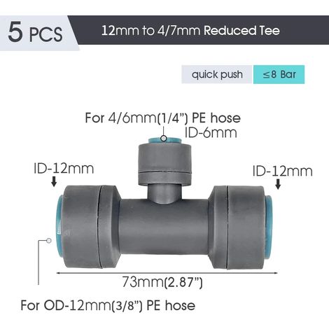 (Dx5PCS-Té 12 à 6 mm) Raccord de tuyau d'irrigation PE OD-12 mm, joints de tuyau d'arrosage, raccords pour système de goutte-à-goutte de jardin, té droit, coude, adaptateur de réparation de tuyau (1/5)