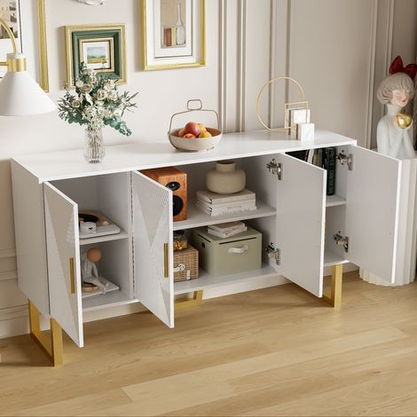 Buffet 150x40x82 cm blanc en MDF et panneaux de particules avec 4 portes, étagères réglables et poignées dorées (1/5)