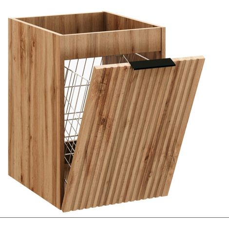 Meuble bas de salle de bain asuspendu vec panier à linge ADEL 40cm – Design rainuré-Naturel (1/5)