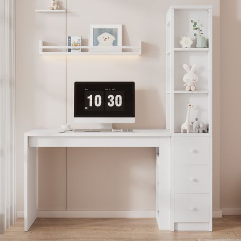 Table de travail, bureau avec étagère, tiroirs et rangements latéraux, blanc, 150 x 50 x 180 cm (1/4)
