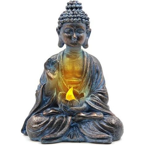 Bouddha de jardin avec lumières LED de lotus, statue zen en résine, décoration cour, terrasse, rebord de fenêtre (1/4)
