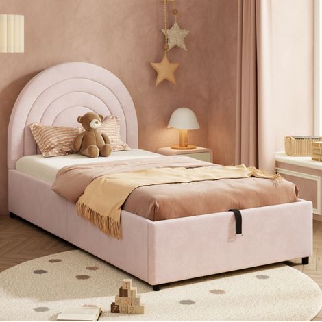 Cama infantil con almacenaje hidráulico (211x95x100 cm), cabecero acolchado, colchón integrado, terciopelo rosa (1/5)