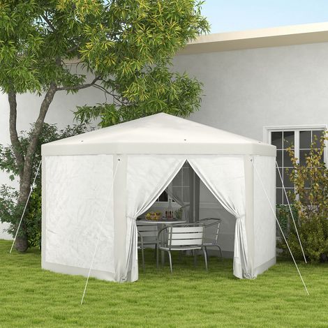 Gazebo da giardino 394x341.2x250 cm, forma esagonale, con tende a rete e 2 lati con cerniera, metallo bianco crema (1/5)