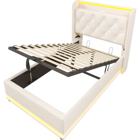 Cama con almacenaje 90 x 200 cm en PU blanco con LED 360°, cabecero capitoné, USB y USB-C (1/5)