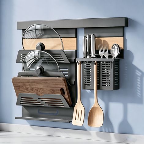doporro Étagère Murale de Cuisine avec Rail Porte-Couvercles 3 Niveaux Support Couvercles en Acier Galvanisé Porte-Ustensiles Organisateurs Cuisine Couvercles et Ustensiles