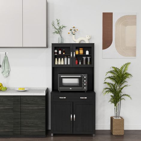 Aparador alto de cocina, mueble de cocina con 4 puertas, cajón, encimera, estantes ajustables, 80x48x170cm, negro