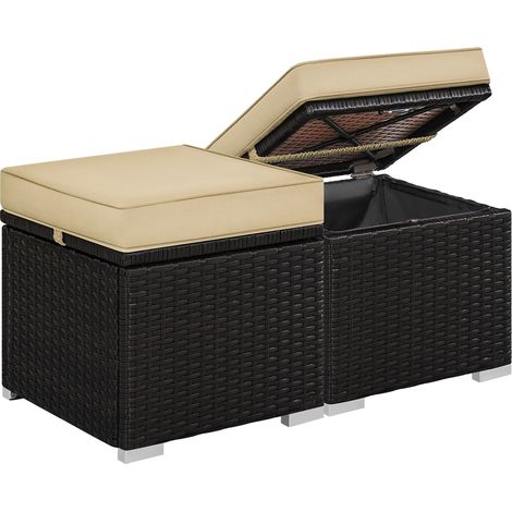 Yaheetech Ottomano Set di 2 Sgabelli Poggiapiedi da Giardino con Cuscino e Contenitore Intreccio in Rattan Cubo Panca con Coperchio Rimovibile Resistente 39 X 39 X 41 cm Marrone/Khaki