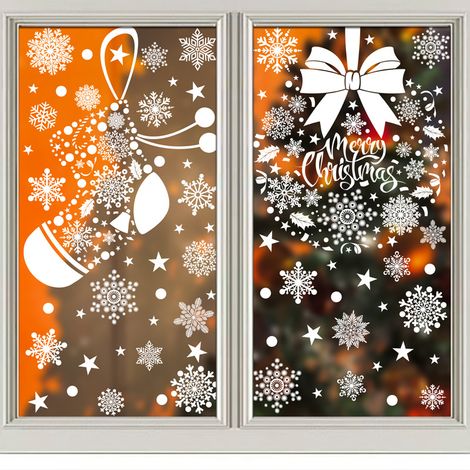 Autocollants de Noël, flocons de neige blancs, cadeaux, sapin du Père Noël, autocollants pour fenêtres, bonhomme de neige, chaussettes de Noël, rennes, décorations de fenêtres, autocollants statiques.