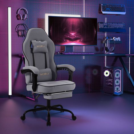 WOLTU Gaming Stuhl Ergonomischer, Bürostuhl mit Taschenfederkissen, 150 kg Belastbarkeit, Drehstuhl mit Kopfkissen, Lendenkissen, Fußstütze, Netzstoff, Grau (1/5)