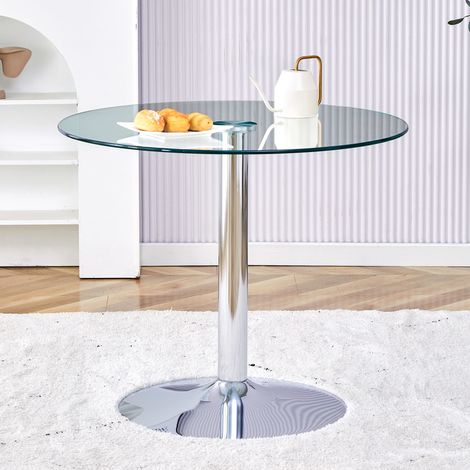 Tavolo bar rotondo 85x85x76 cm, piano in vetro trasparente, base in metallo, argento (1/5)