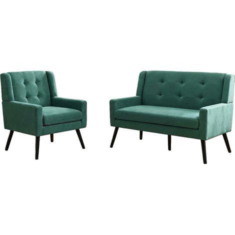 Lot de 2 fauteuils de salon rétro verts, 1 fauteuil simple et 1 fauteuil 2 places en tissu rembourré, capitonnage décoratif et pieds en bois – CHICFURN (1/5)