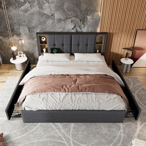 lit adulte rangement 160x200 lin gris charge sans fil OKMYHOME (1/5)