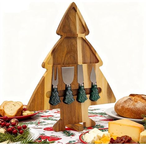 Planche de service en bois d'acacia en forme d'arbre de Noël - Ensemble de charcuterie double face avec 4 couteaux magnétiques et support rotatif - Plateau de fromage festif en cadeau pour collations (1/5)