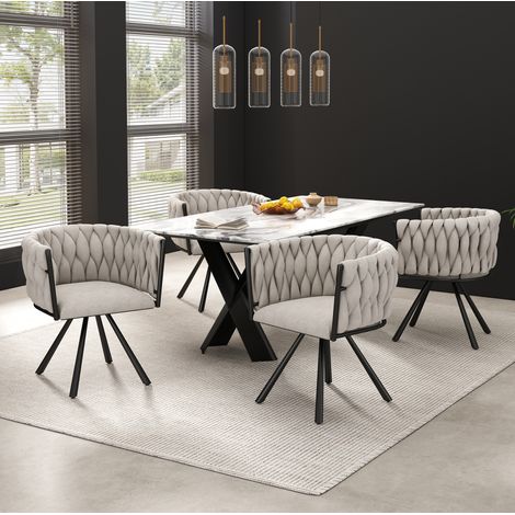 Set di 4 sedie da sala da pranzo in lino beige, poltrone girevoli con gambe in metallo nero