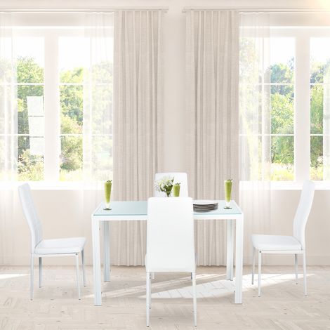 5-teiliges Set mit 1 Tisch und 4 Stühlen für Küche oder Esszimmer aus Kunstleder, Metall und Sicherheitsglas, Weiß