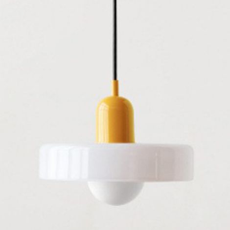 suspension de style Bauhaus aux accents médiévaux dotée d'un abat jour en vitrail. + Base 25 cm Verre Blanc Jaune (1/4)