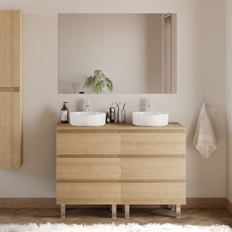 Meuble de salle de bain 120cm avec plateau et 2 vasques à poser rondes - 6 tiroirs - nebraska (chêne clair) - MAYOR