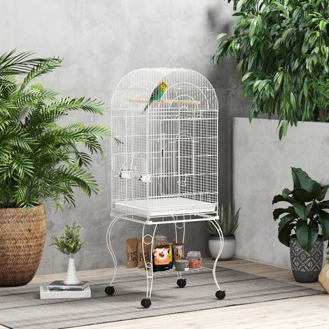 Gabbia per uccelli con ruote e ripiano 51x51x153 cm con coperchio incernierato, mangiatoie e vassoio rimovibile, bianca