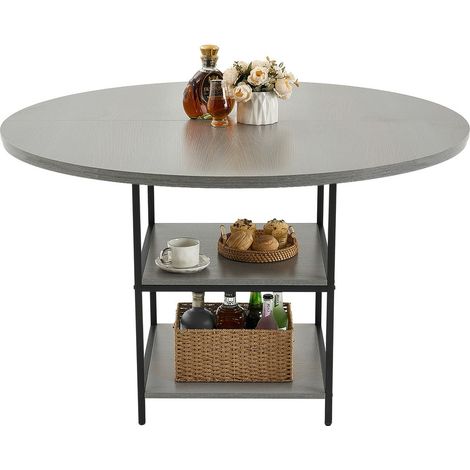 Table à manger ronde, 120 cm, table de salle à manger en bois pour 2 à 4 personnes, mobilier circulaire moderne durable avec étagère de rangement et pieds métal, pour cuisine, salon, gris (1/5)
