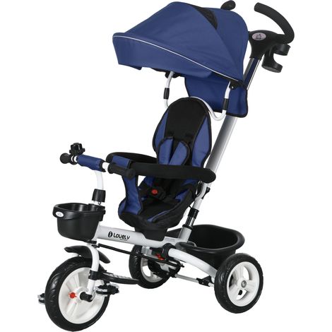 Tricycle enfant 6 en 1 barre poussée capote harnais panier rangement bleu foncé 18 mois+