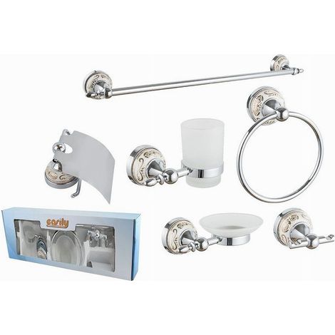 Cleafe - Set Bagno 6pz Acciaio Vetro Ceramica Decorazioni Oro Portarotolo Saponetta 52436 - (1/2)