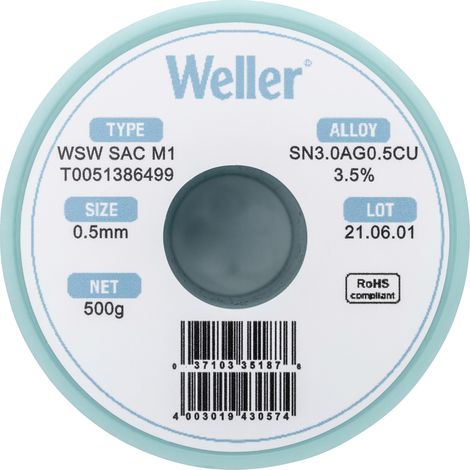 Weller WSW SAC M1 Lötzinn, bleifrei Spule Sn3,0Ag0,5Cu 500 g 0.5 mm (1/5)