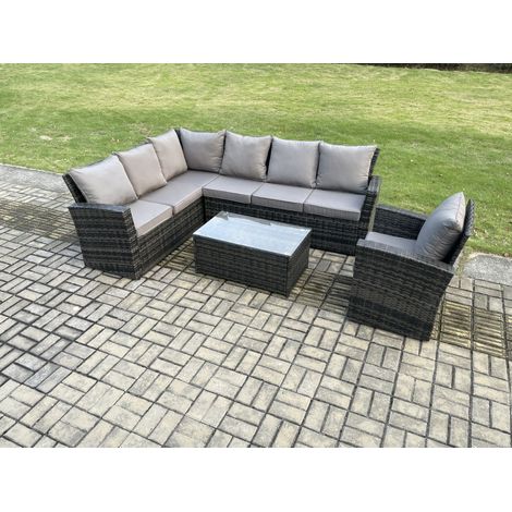 Fimous 7 Seater Rattan Garden Furniture Corner Sofa Set Outdoor Patio Sofa Chair Table Set with Rectangular Coffee Table Dark Grey Mixed (1/5)