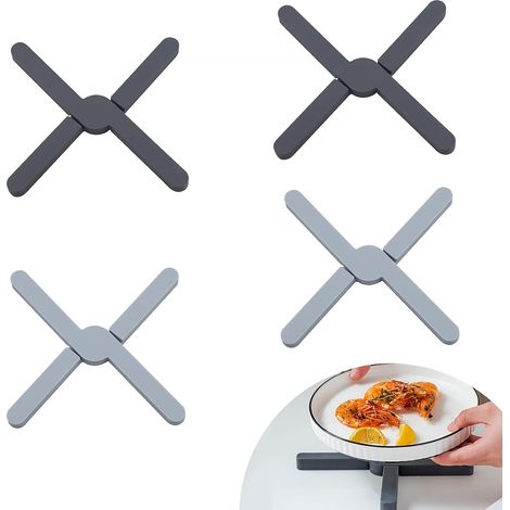 4 faltbare Silikon-Untersetzer, 20 cm lang, Hitzeschutz, hitzebeständig, Topfuntersetzer, Teller, rutschfest, hitzebeständig, für heiße Töpfe, Pfannen, Schwarz + Grau (1/5)