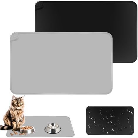 2 Pezzi Tappetino per Ciotole Gatto e Cane, 48x30cm Tappetino in Silicone per Ciotole Cani e Gatti, Impermeabile, Tappetino da Alimentazione per Gatti Nero e Grigio (1/5)