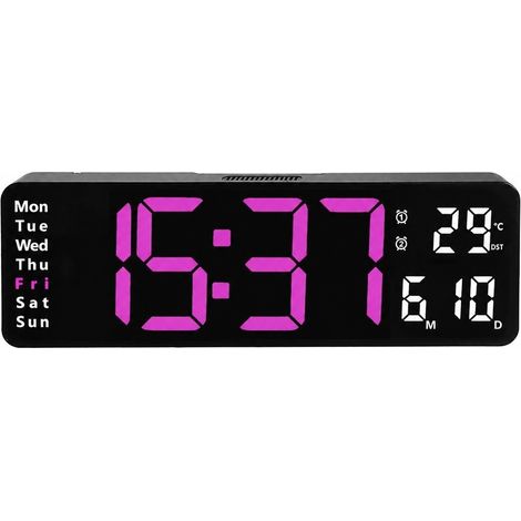 Horloge murale LED 40 cm (16 pouces), grand écran avec calendrier, thermomètre, alarme, style nordique pour salon (33 cm/13 pouces) 6629 lumière rose (1/5)