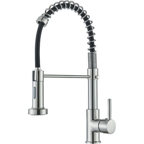QORVA-Robinet Cuisine Nickel brossé Mitigeur Cuisine Avec Douchette 360° Robinet d'Évier à Arc Élevé pulvérisateur escamotable 2 Modes de Pulvérisation,Chaud et Froid (1/5)