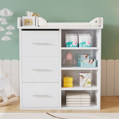 Commode à Langer Blanche - 80x75x100cm - Table à Langer avec 3 Tiroirs et Étagères Ajustables de Rangement - Blanc (1/5)