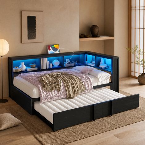 MEUBLIV Lit 90x200 cm noir – avec lit gigogne, rangements, LED et USB, sans matelas (1/5)