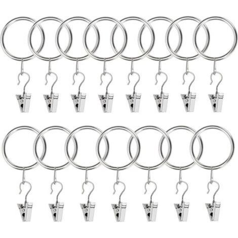 15 Pieces Curtain Ring Clips with Hook, Clip Rings 32mm Inner Diameter, Stainless Steel Metal Curtain Clip Rings, Curtain Rings, for Curtains and Rods (Silver) (1/5)