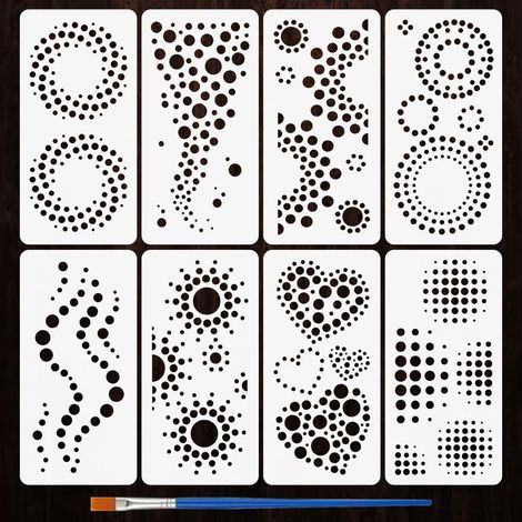 8PCS Pochoirs Cercles Géométriques 12x24cm avec un Pinceau Pochoirs Points Bulles Modèle Dessin Motifs Soleil Cœurs Réutilisable Pochoir Peinture Plastique PET pour Bois Mur Maison DIY (1/5)