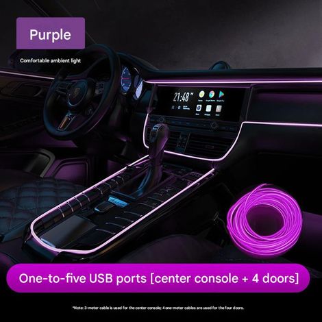 Kit LED Ambiance Intérieur Voiture USB – Bande Lumineuse Néon Décorative Sans Câblage pour Tableau de Bord et 4 Portières (Kit Violet 1 vers 5 USB Console Centrale + 4 Portes) Violet
