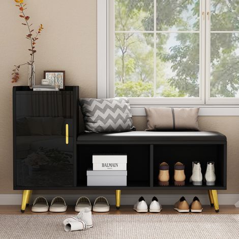 Zapatero con banco 120x35x71.5 cm, con asiento acolchado, estantes ajustables, aglomerado negro (1/5)