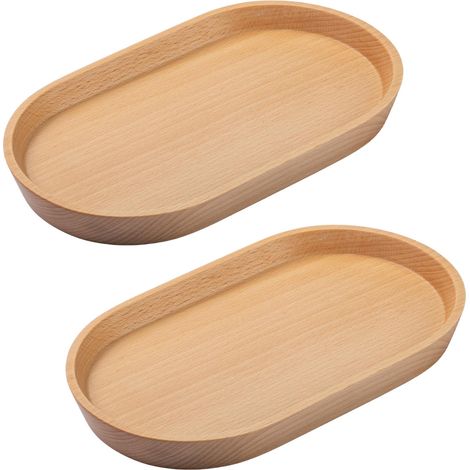 Lot de 2 mini plateaux en bois de hêtre - Petit plateau de service ovale - Décoration ovale - 20 x 12 cm - Assiette de service pour set de cuisine, salière et poivrière - Pour café et thé (1/5)