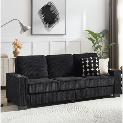 Canapé 3 places 206x72x86 cm noir avec porte-gobelets, tissu côtelé, design moderne MEUBLIV (1/5)