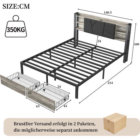 Lit en fer massif Ironwood 140x200 cm, sommier avec tête intégrée, éclairage LED, tiroir coulissant, prise électrique européenne, extension de couchage, meuble de chambre moderne (1/5)