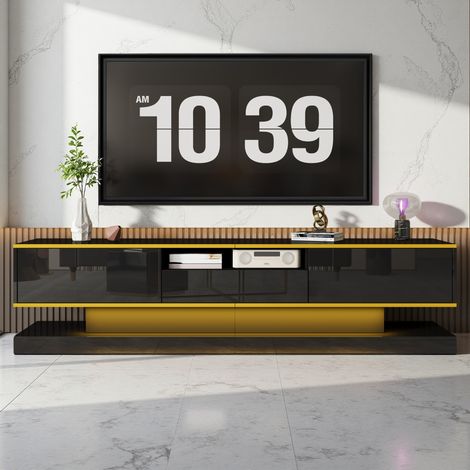 Mobile TV 180 cm, mobile porta TV con 3 cassetti e vano a giorno - Finitura lucida con illuminazione LED che cambia colore - Nero