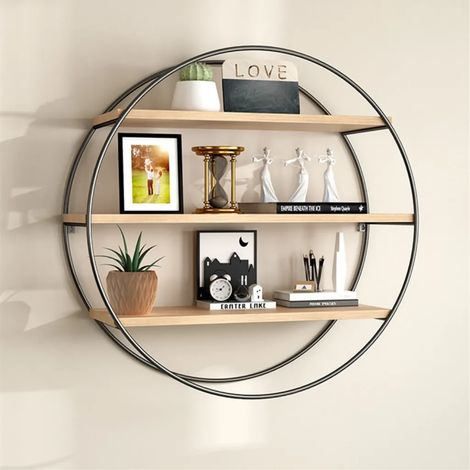 UNHO Estanteria Pared Redonda Repisas de Madera y Hierro Vintage Industrial 50cm (1/5)
