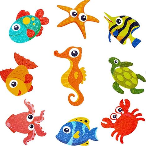 Lot de 9 autocollants antidérapants pour salle de bain, baignoire et douche, imperméables et résistants (motif créatures marines). (1/5)