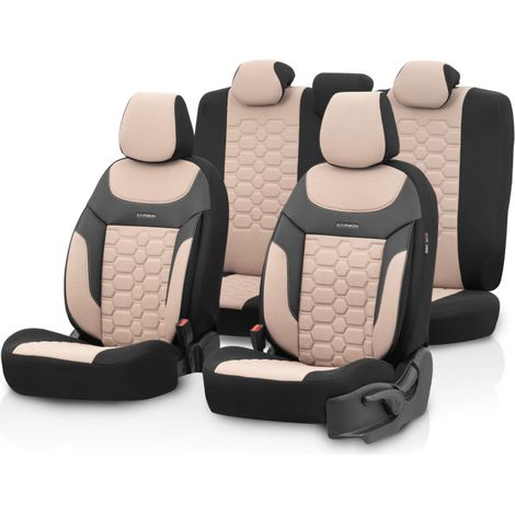 Set luxuriöser Sitzbezüge OTOM – Textil mit Öko-Leder, CARBON-Design – Beige-Schwarz mit beiger Naht, für Vorder- und Rücksitze