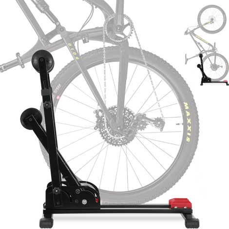 Jiubiaz 1X Support vélo 3 en 1 pliable - rangement vertical et horizontal - 24-27,5 pouces pneus jusqu a 2,4 pouces - noir/rouge (1/5)