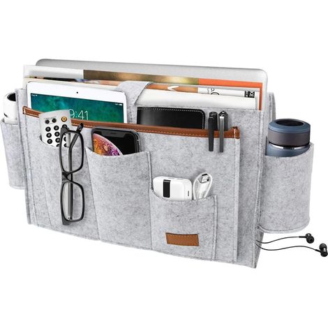 Pochette à bordure feutrée pour lit, canapé, organisateur de lit suspendu, sac de rangement avec porte-bouteille pour livres, tablette, télécommande (1/5)