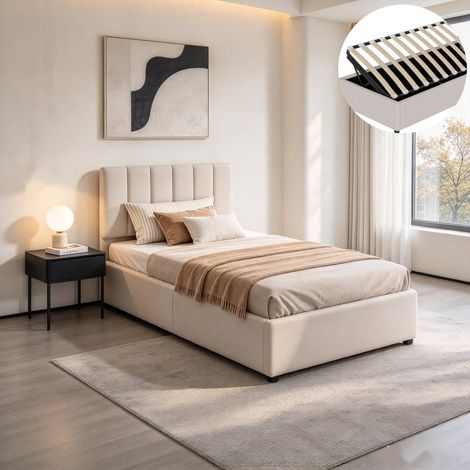 Lit simple 90 x 200, Lit coffre 90x200cm, Lit enfant rembourré, cadre de lit avec sommier à lattes, beige, lin